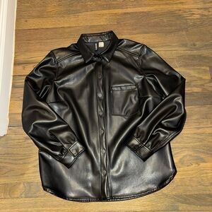 H&M Black Faux Leather Snap-Front Shirt Jacket